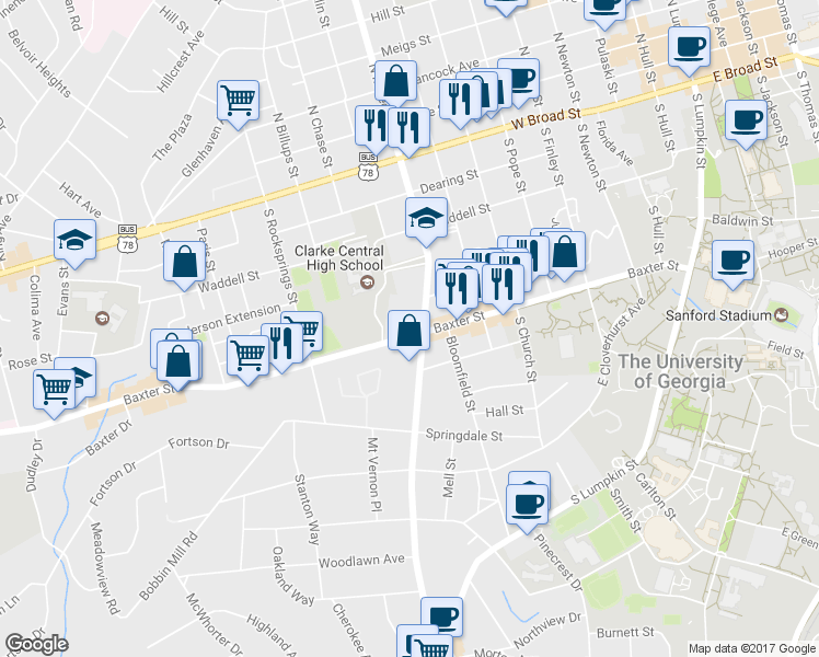 map of restaurants, bars, coffee shops, grocery stores, and more near 490 South Milledge Avenue in Athens