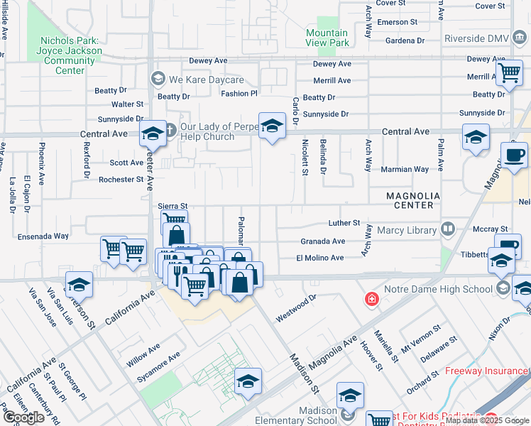 map of restaurants, bars, coffee shops, grocery stores, and more near 6812 Valencia Street in Riverside
