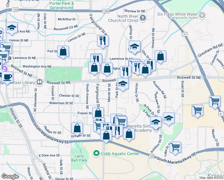 map of restaurants, bars, coffee shops, grocery stores, and more near 61 Merritt Street Southeast in Marietta