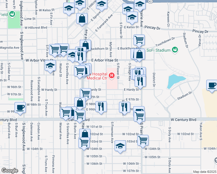 map of restaurants, bars, coffee shops, grocery stores, and more near 501 East Hardy Street in Inglewood