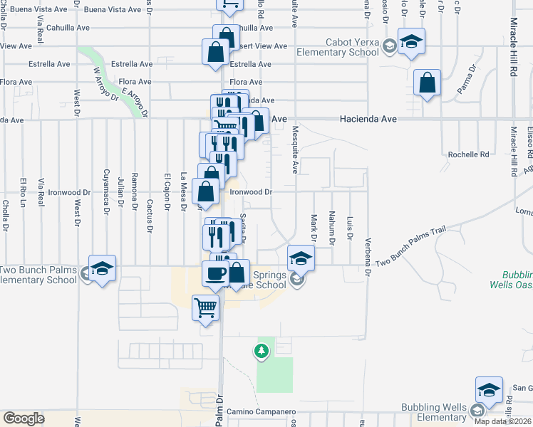 map of restaurants, bars, coffee shops, grocery stores, and more near 66621 Joseph Way in Desert Hot Springs