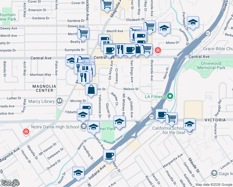map of restaurants, bars, coffee shops, grocery stores, and more near 6756 Rainier Court in Riverside