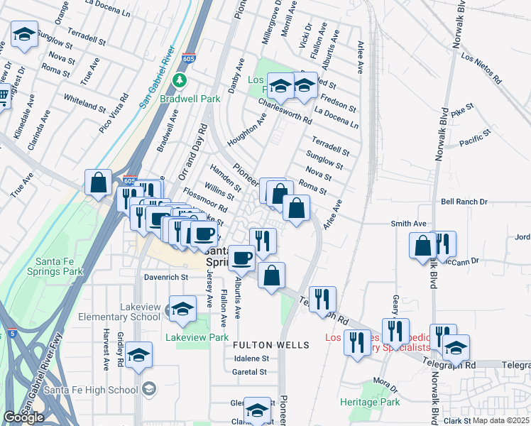 map of restaurants, bars, coffee shops, grocery stores, and more near 129 Alburtis Avenue in Santa Fe Springs