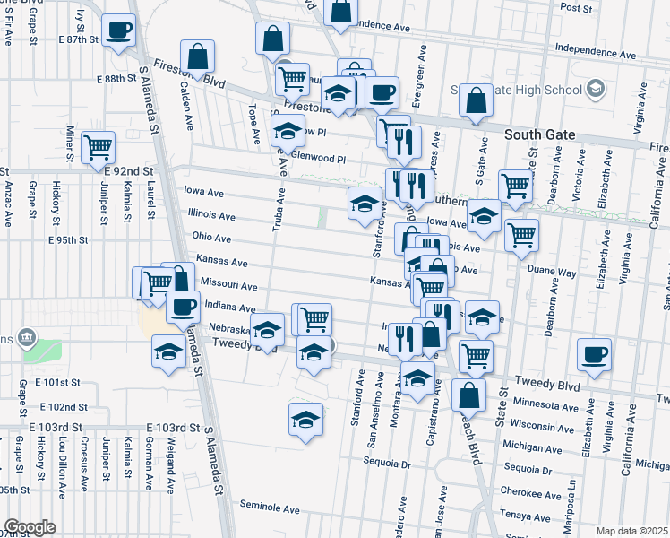 map of restaurants, bars, coffee shops, grocery stores, and more near 2723 Kansas Avenue in South Gate