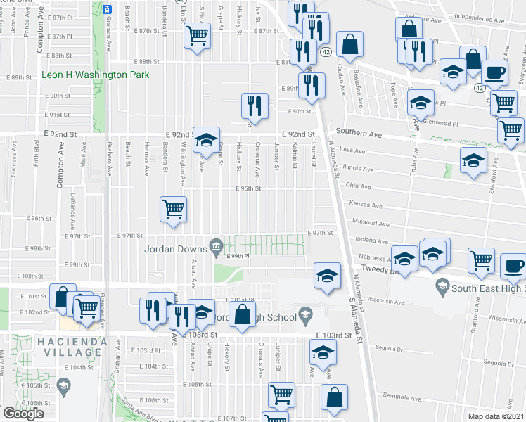 map of restaurants, bars, coffee shops, grocery stores, and more near 9603 Juniper Street in Los Angeles