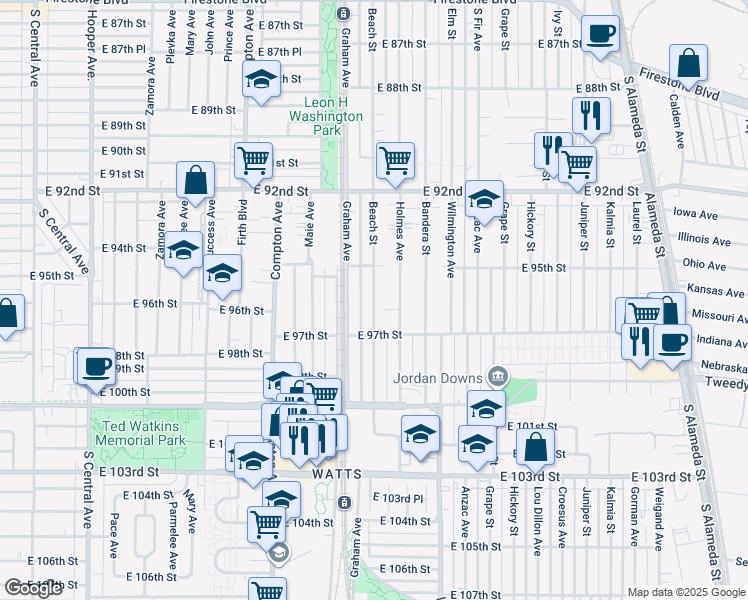 map of restaurants, bars, coffee shops, grocery stores, and more near 9537 Beach Street in Los Angeles
