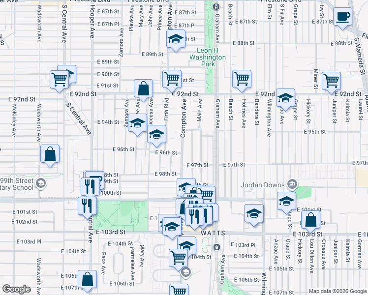 map of restaurants, bars, coffee shops, grocery stores, and more near 9543 Compton Avenue in Los Angeles