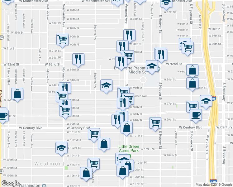 map of restaurants, bars, coffee shops, grocery stores, and more near 1028 West 95th Street in Los Angeles