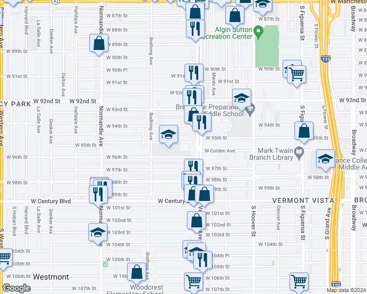 map of restaurants, bars, coffee shops, grocery stores, and more near 1028 West 95th Street in Los Angeles