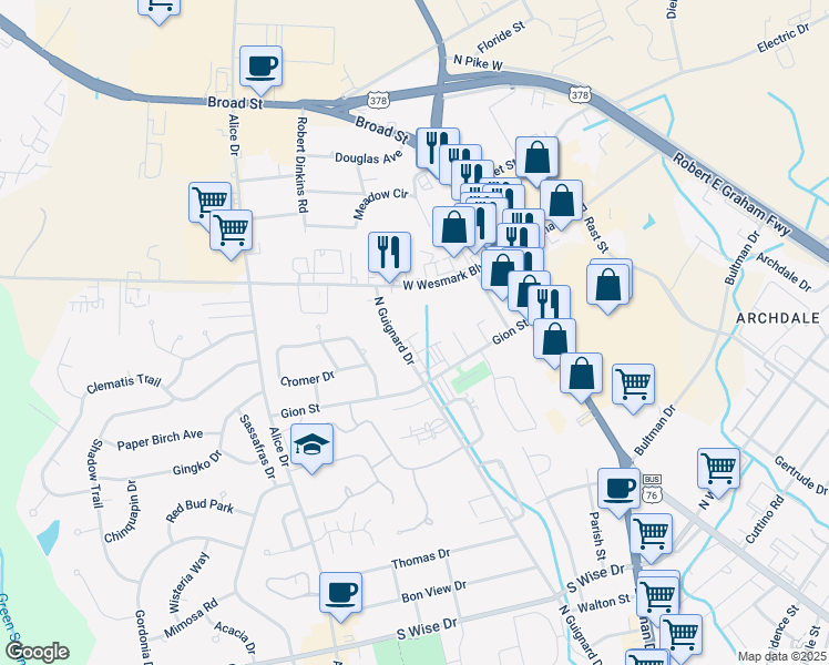 map of restaurants, bars, coffee shops, grocery stores, and more near 1165 North Guignard Drive in Sumter