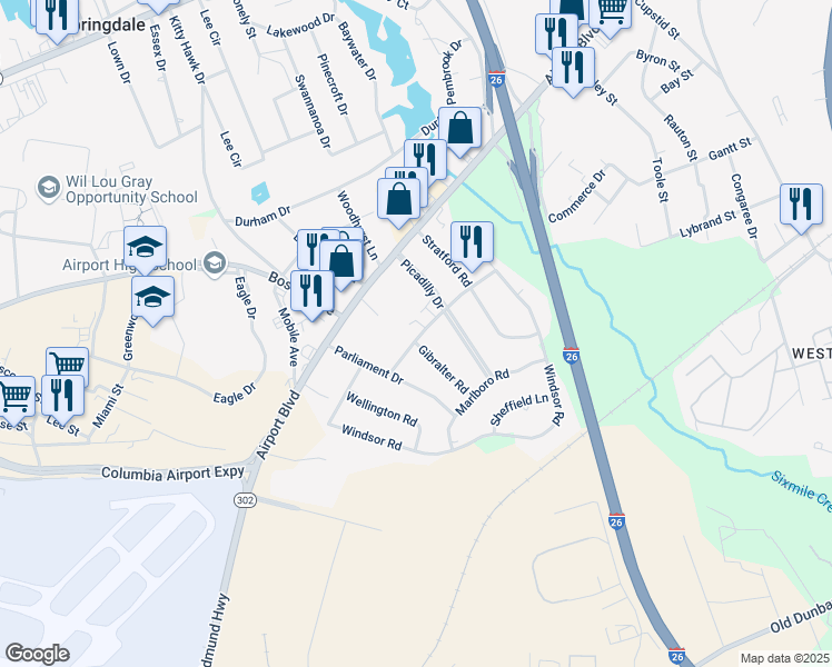 map of restaurants, bars, coffee shops, grocery stores, and more near 12 Londonderry Square in Cayce