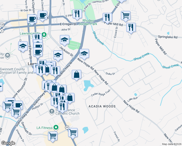 map of restaurants, bars, coffee shops, grocery stores, and more near 239 New Hope Road in Lawrenceville