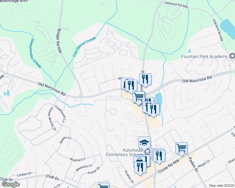 map of restaurants, bars, coffee shops, grocery stores, and more near 2630 Old Norcross Road in Lawrenceville