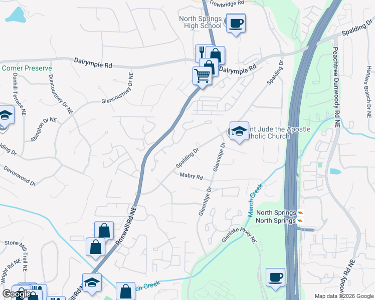 map of restaurants, bars, coffee shops, grocery stores, and more near 620 Spalding Drive in Atlanta