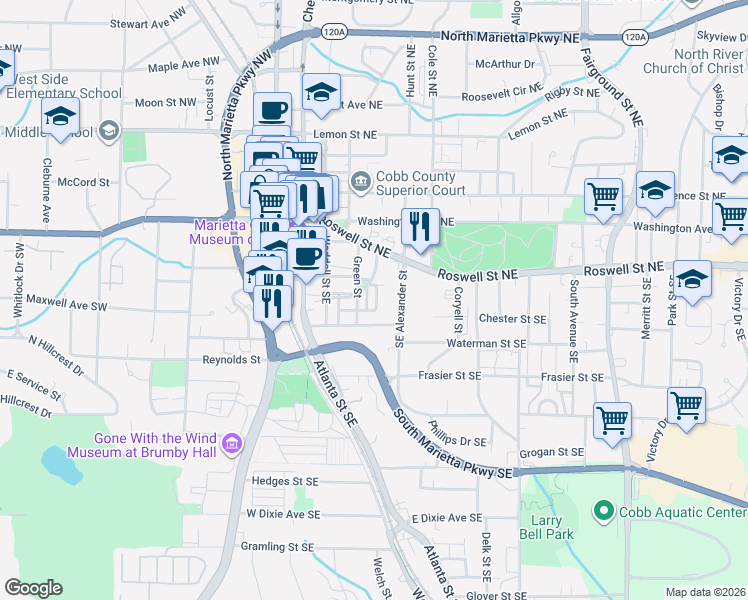 map of restaurants, bars, coffee shops, grocery stores, and more near 383 Summerhour Street in Marietta