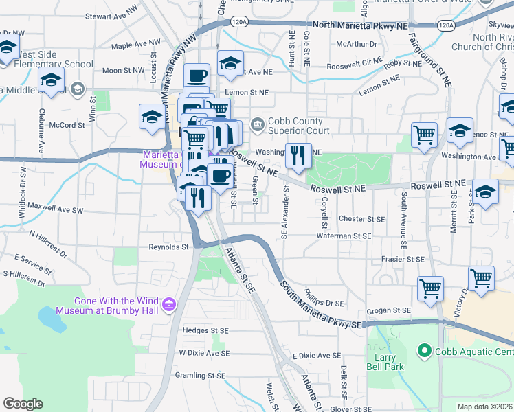 map of restaurants, bars, coffee shops, grocery stores, and more near 383 Summerhour Street in Marietta