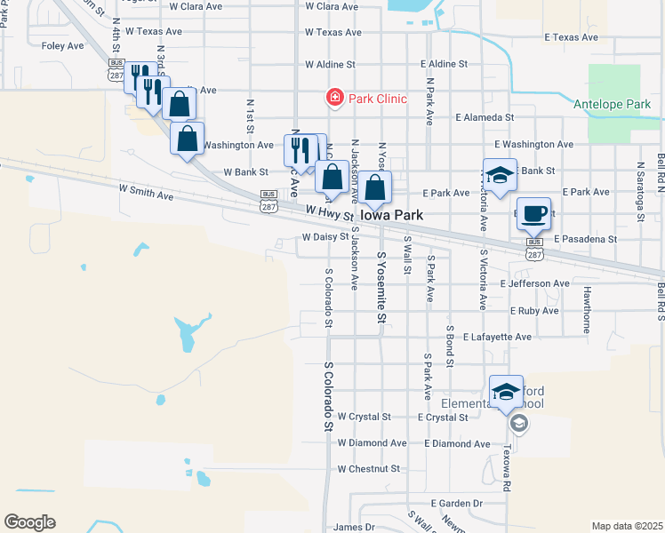 map of restaurants, bars, coffee shops, grocery stores, and more near 205 South Colorado Street in Iowa Park