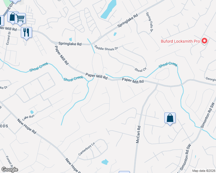 map of restaurants, bars, coffee shops, grocery stores, and more near 1165 Paper Creek Drive Southeast in Lawrenceville