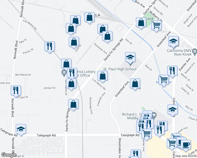 map of restaurants, bars, coffee shops, grocery stores, and more near 12637 Los Nietos Road in Santa Fe Springs