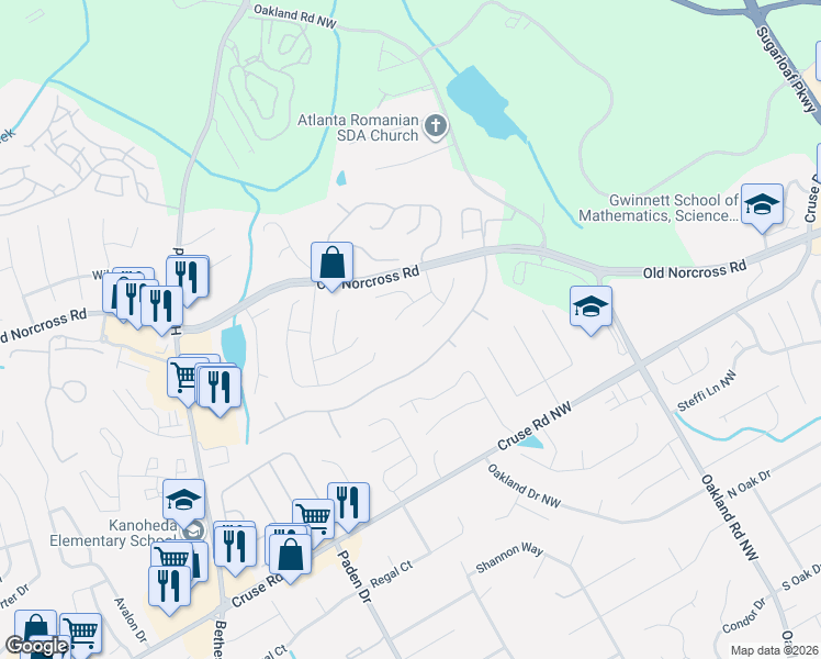 map of restaurants, bars, coffee shops, grocery stores, and more near 2355 Camp Town Way in Lawrenceville