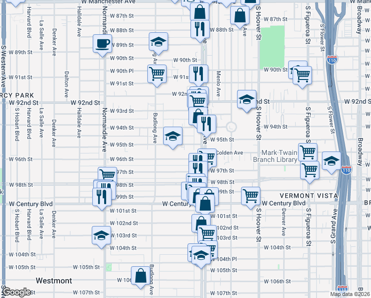 map of restaurants, bars, coffee shops, grocery stores, and more near 1036 West 95th Street in Los Angeles