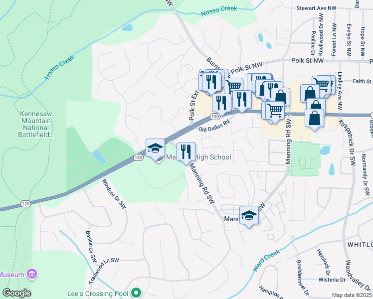 map of restaurants, bars, coffee shops, grocery stores, and more near 152 Brighton Court Southwest in Marietta