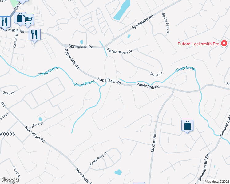 map of restaurants, bars, coffee shops, grocery stores, and more near 1165 Paper Creek Drive Southeast in Lawrenceville