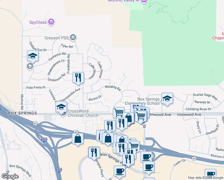 map of restaurants, bars, coffee shops, grocery stores, and more near 21735 Winding Road in Moreno Valley