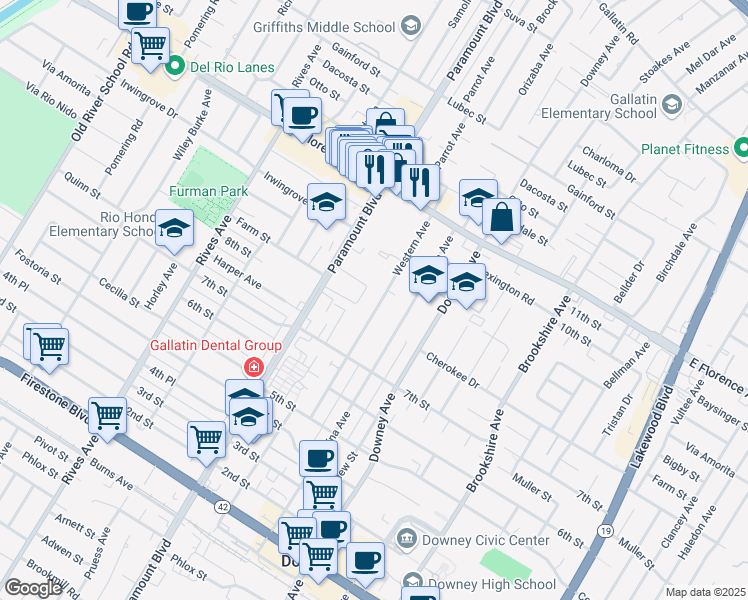 map of restaurants, bars, coffee shops, grocery stores, and more near 10419 Western Avenue in Downey