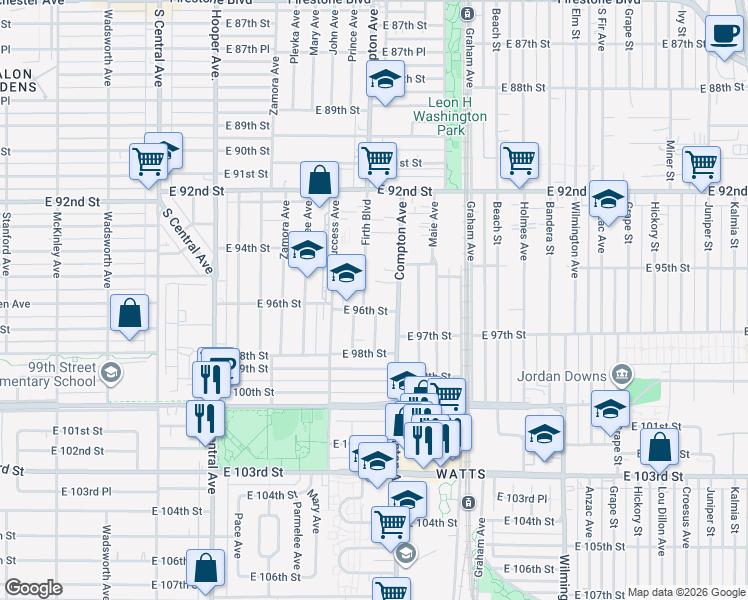 map of restaurants, bars, coffee shops, grocery stores, and more near 9543 Compton Avenue in Los Angeles