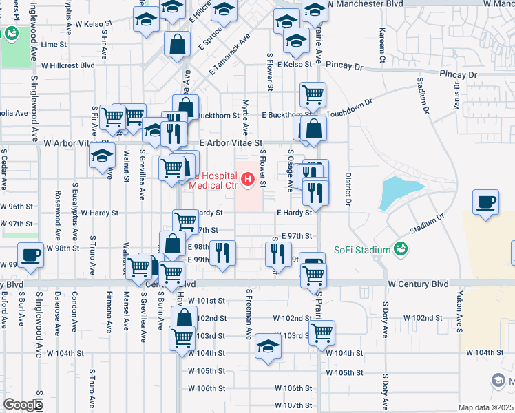 map of restaurants, bars, coffee shops, grocery stores, and more near 501 East Hardy Street in Inglewood