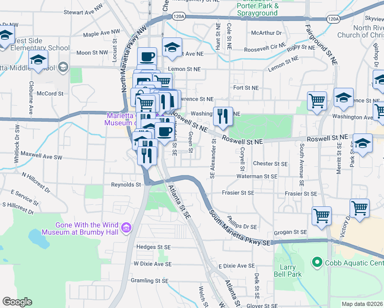 map of restaurants, bars, coffee shops, grocery stores, and more near 383 Summerhour Street in Marietta