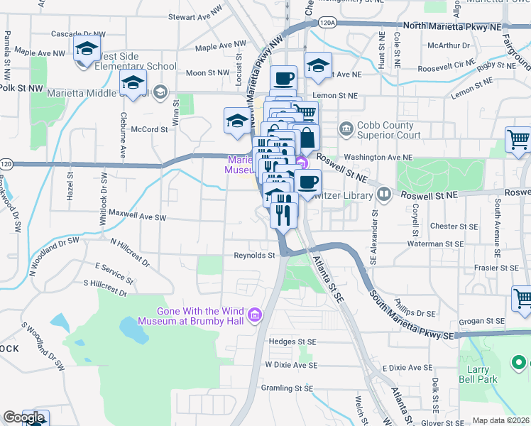 map of restaurants, bars, coffee shops, grocery stores, and more near in Marietta