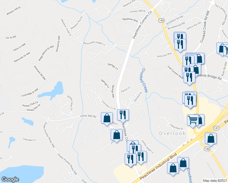 map of restaurants, bars, coffee shops, grocery stores, and more near 12100 Springs Lane in Peachtree Corners