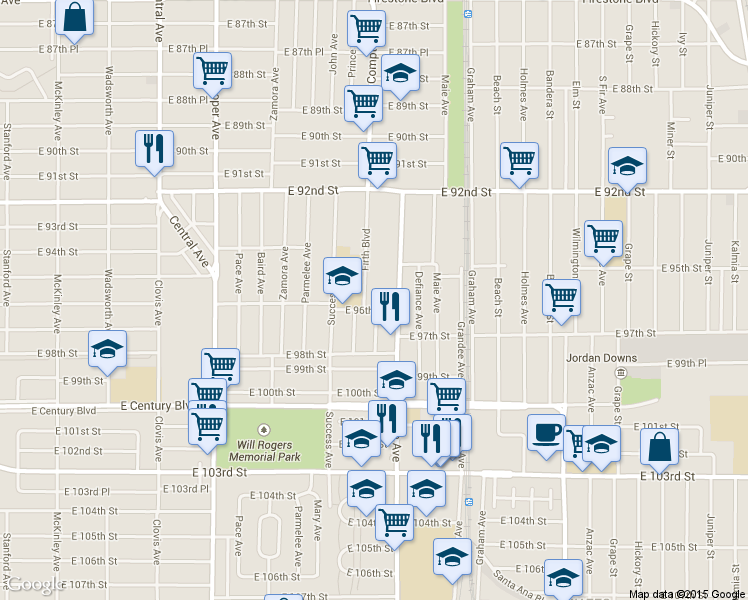 map of restaurants, bars, coffee shops, grocery stores, and more near 9526 Firth Boulevard in Los Angeles