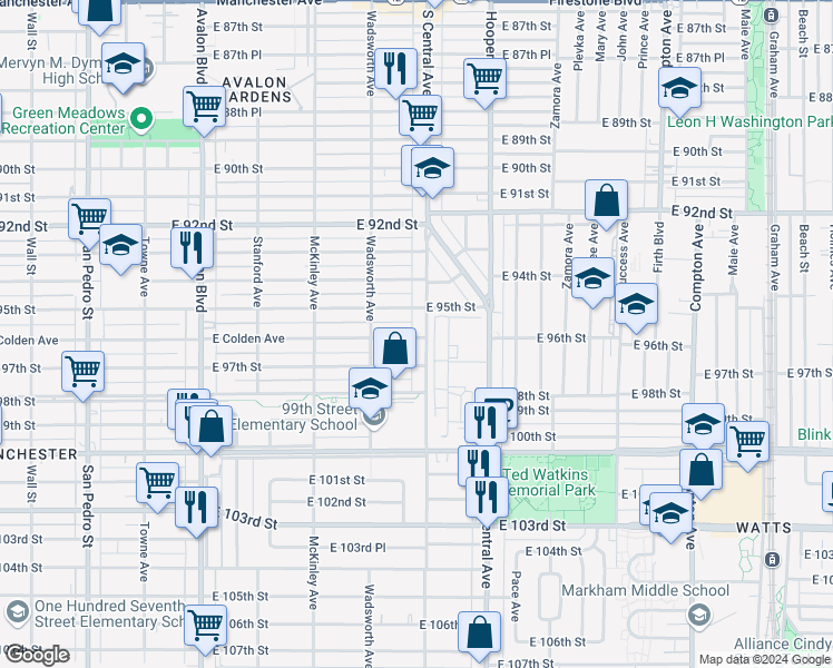 map of restaurants, bars, coffee shops, grocery stores, and more near 9523 East Colden Avenue in Los Angeles