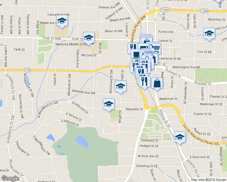 map of restaurants, bars, coffee shops, grocery stores, and more near 99 McDonald St in Marietta