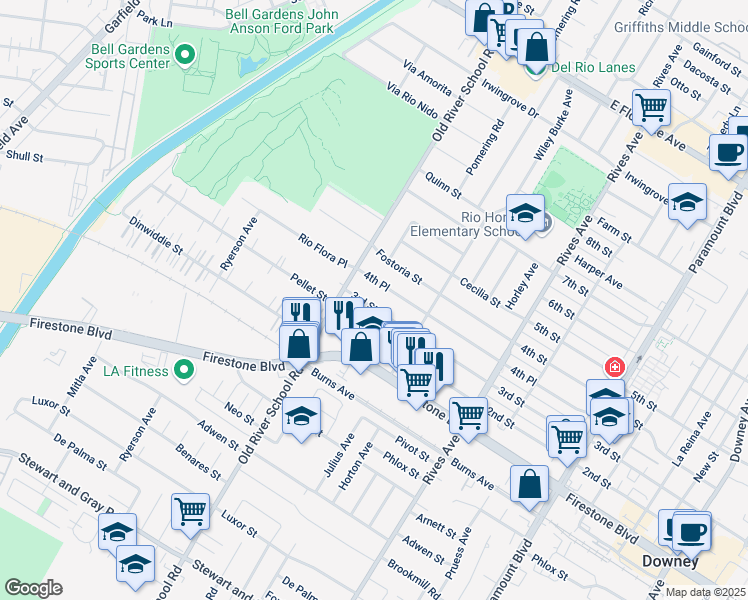map of restaurants, bars, coffee shops, grocery stores, and more near 7435 3rd Street in Downey