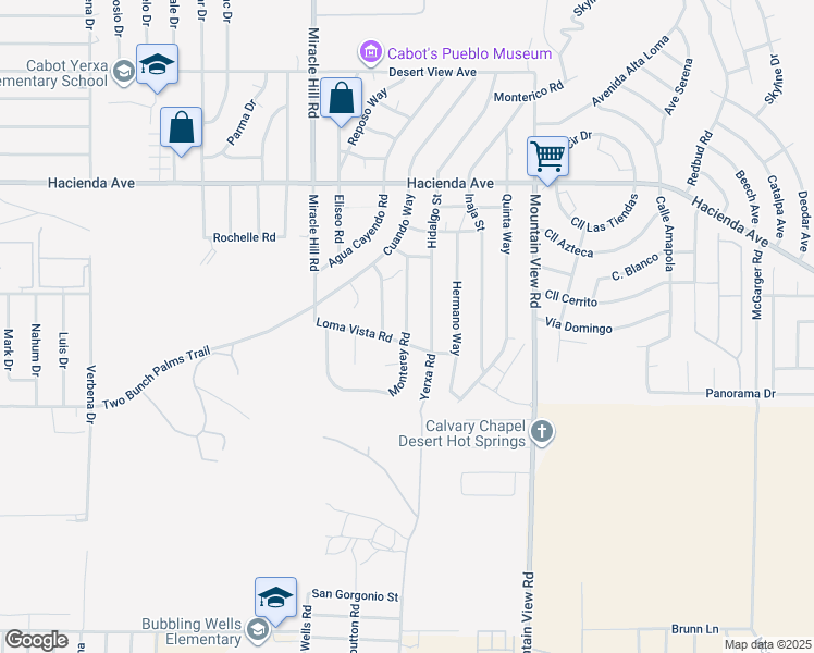 map of restaurants, bars, coffee shops, grocery stores, and more near Monterey Road in Desert Hot Springs