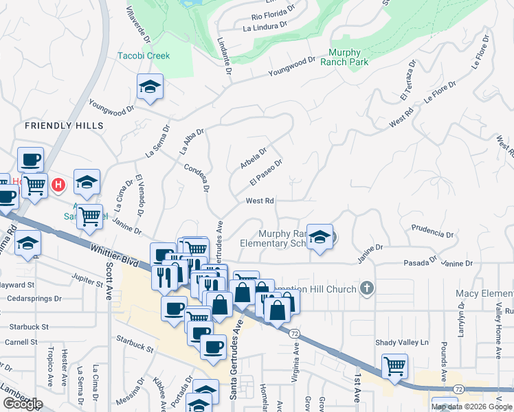 map of restaurants, bars, coffee shops, grocery stores, and more near 15838 West Road in Whittier