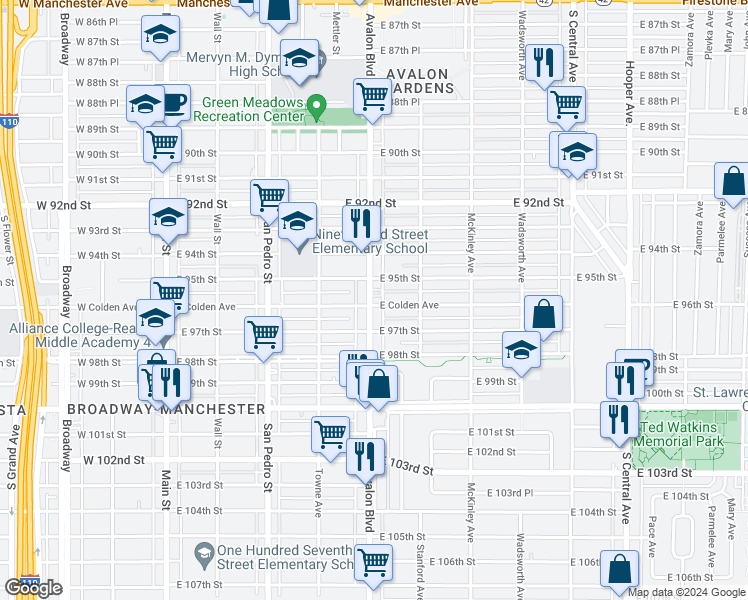 map of restaurants, bars, coffee shops, grocery stores, and more near 9526 South Avalon Boulevard in Los Angeles