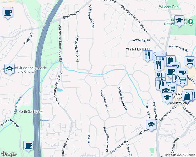map of restaurants, bars, coffee shops, grocery stores, and more near 100 Hunters Glen Court Northeast in Atlanta
