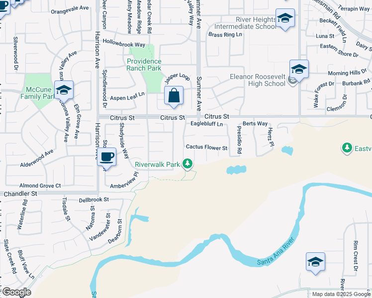 map of restaurants, bars, coffee shops, grocery stores, and more near 7626 Soaring Bird Court in Corona