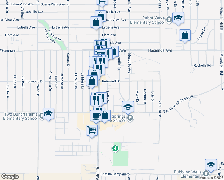 map of restaurants, bars, coffee shops, grocery stores, and more near 66605 Joseph Way in Desert Hot Springs
