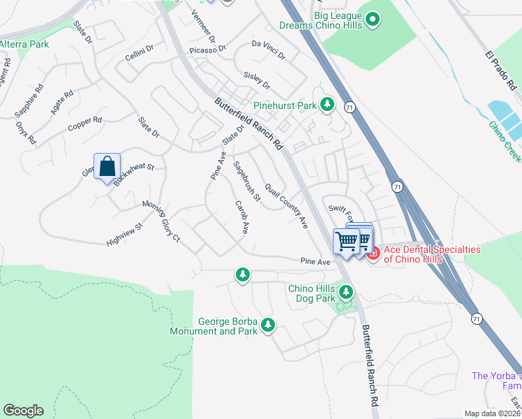 map of restaurants, bars, coffee shops, grocery stores, and more near 16734 Sagebrush Street in Chino Hills