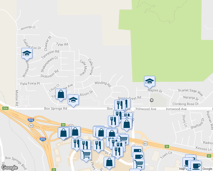 map of restaurants, bars, coffee shops, grocery stores, and more near 21735 Winding Road in Moreno Valley