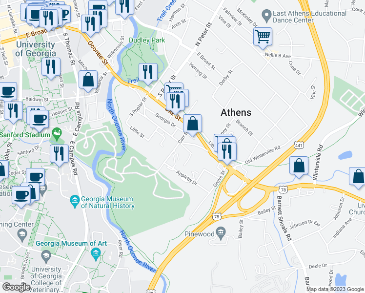map of restaurants, bars, coffee shops, grocery stores, and more near 1120 Oconee Street in Athens