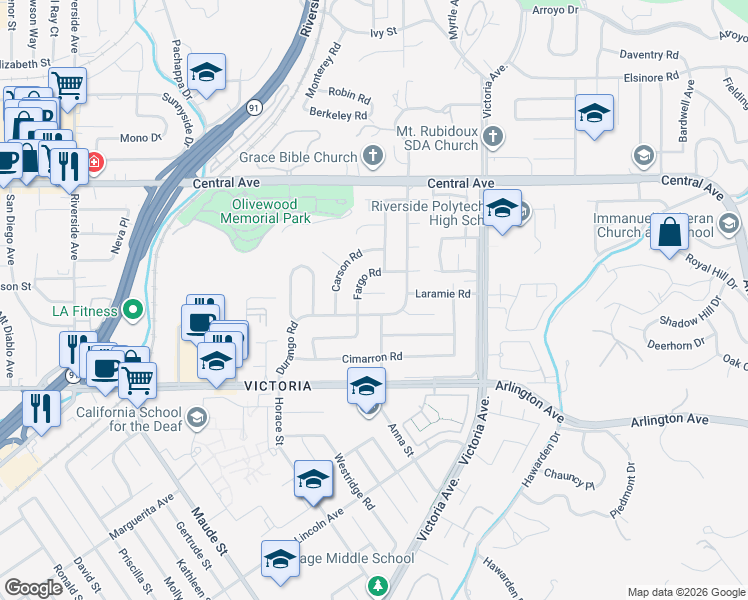 map of restaurants, bars, coffee shops, grocery stores, and more near 2924 Pecos Way in Riverside
