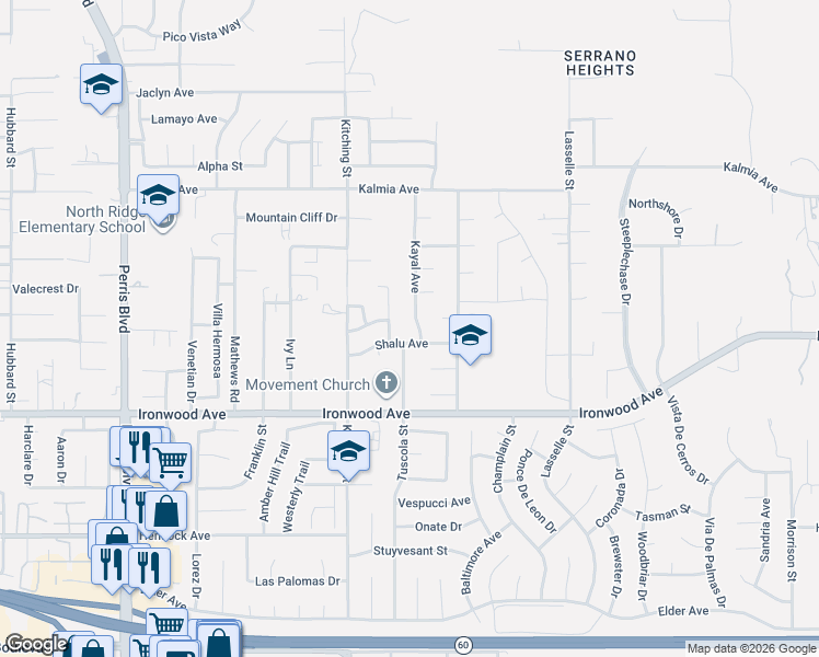 map of restaurants, bars, coffee shops, grocery stores, and more near 11797 Kayal Avenue in Moreno Valley