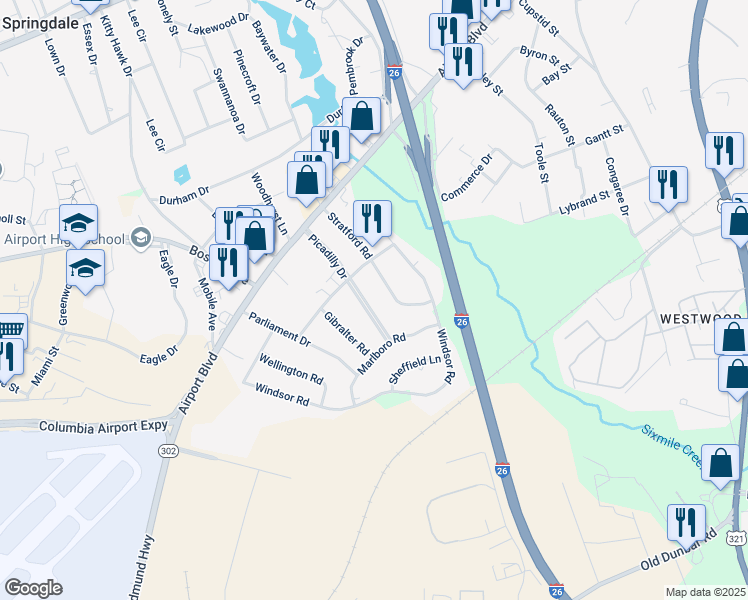 map of restaurants, bars, coffee shops, grocery stores, and more near 2017 Picadilly Dr in Cayce